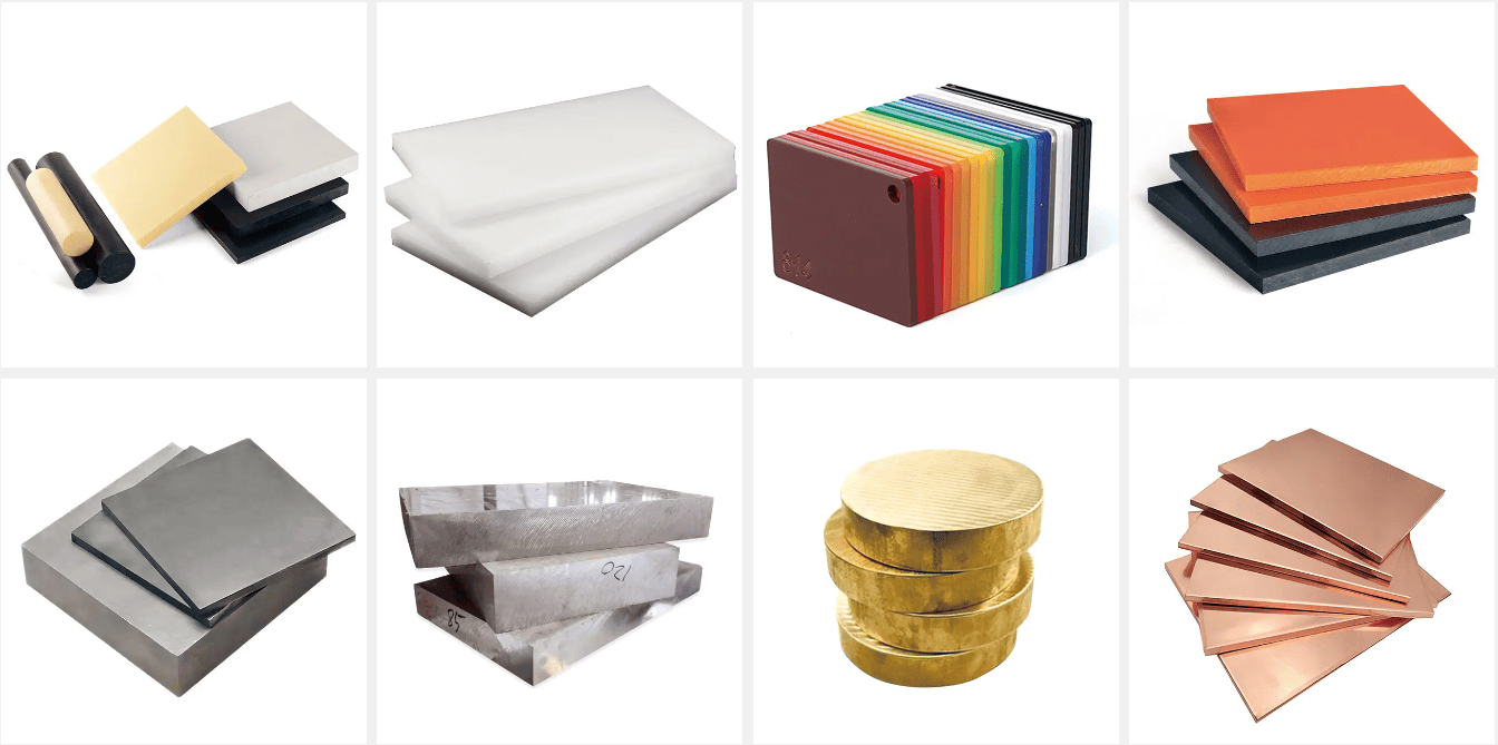 CNC Materials Plastics : ABS, PP, PMMA(Acrylic), PC, POM(Delrin), PBT, Nylon(PA), PU, RESIN,PEEK,PE,PTFE(Teflon),G-10(FR-4), PVC,EVA,EPS, Ultum 1000( AMBER PEI ) Metals: Stainless Steel, Steel, Aluminium, Brass, Copper, Iron,Magnesium,Tool steel,Alloy Steel Matériaux CNC Plastiques : ABS, PP, PMMA (Acrylique), PC, POM (Delrin), PBT, Nylon (PA), PU, RÉSINE, PEEK, PE, PTFE (Téflon), G-10 (FR-4), PVC, EVA, EPS, Ultum 1000 (AMBRE PEI) Métaux : acier inoxydable, acier, aluminium, laiton, cuivre, fer, magnésium, acier à outils, acier allié